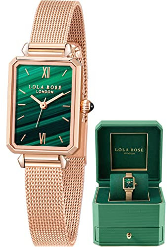 Lola Rose Damenuhr mit Malachit-Zifferblatt & Schmuckverarbeitung - Luxus Armbanduhr mit 316L Edelstahlgehäuse für Elegante Handgelenke (25,4mm, 30m wassergeschützt)
