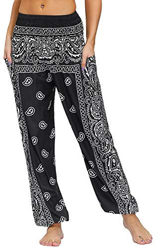 Nuofengkudu Damen Hippie Hosen mit Taschen Haremshosen Yogahosen Leichte Boho Muster High Waist Yoga Hosen Bunt Gemustert Lockere Pumphose Freizeithose Sommer Strand(Z-Schwarz,Einheitsgröße)