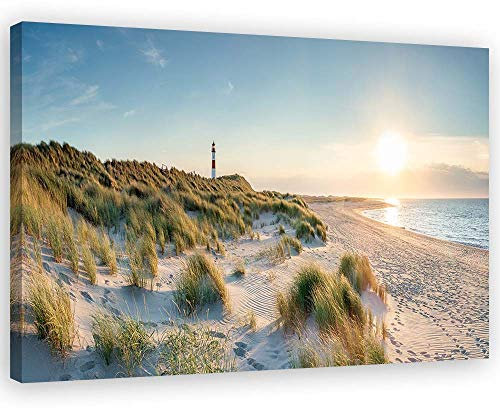 Feeby Leinwandbild Strand Bild Kunstdruck Leuchtturm Blau 60x40 cm