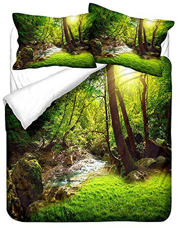 Hiser Bettwäsche-Set 3 Teilig - 3D Grün Regenwald Wald Pflanze Bedrucktes Bettwäsche Set - Mikrofaser Bettbezug und Kissenbezug - Erwachsene Kinder Bettwäsche-Set (Fallen Wald,135x200cm)
