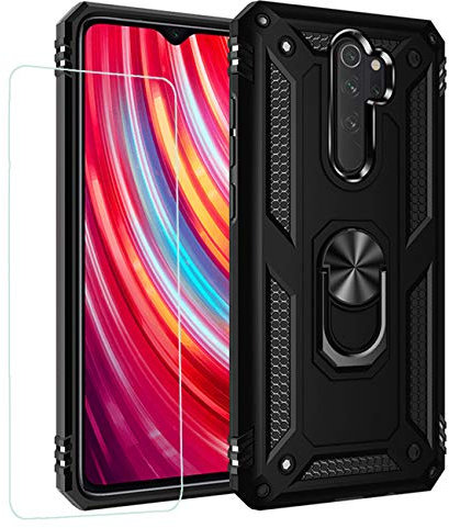 Joytag kompatibel Coque Redmi Note 8 Pro,Etui + Film de Verre trempé magnétique Support Armure Robuste Antichoc Silicone TPU 360 degré Cas de téléphone de Voiture Bumper-Noir