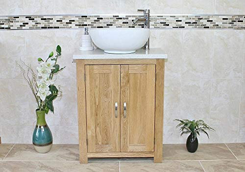 Solid Oak Bathroom Vanity Unit | Bathroom Slimline Cabinet | White Quartz Worktop (Bowl A)