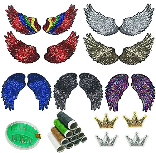 Woohome Aufnäher zum Aufbügeln, 10 Stück Pailletten Engelsflügel, zum Aufbügeln, Applikationen für Handwerk, Nähen, Kleidung