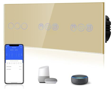 BSEED Interruptor inteligente Alexa con interruptor de persiana, 3 vías, interruptor de luz inteligente WiFi táctil, mando a distancia con aplicación Smart Life/Tuya, doble interruptor de persiana