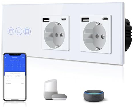 BSEED WiFi Smart Alexa Touch Rollenschalter + Doppelt 3 in 1 Steckdose mit 2.1 A USB Ladeleistung + Type C Adapter,Google Home Tuya Kompatibel, Glas Jalousien Schalter (Neutralleiter Benötigt) Weiß