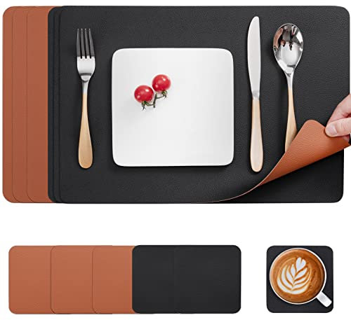 Myir JUN Tischsets Abwaschbar und Untersetzer, Platzset Leder Platzdeckchen Abwaschbar Doppelseitigen Tischsets Umkehrbares Tischset rutschfest Tischset Lederoptik (Schwarz Braun, Satz von 6)