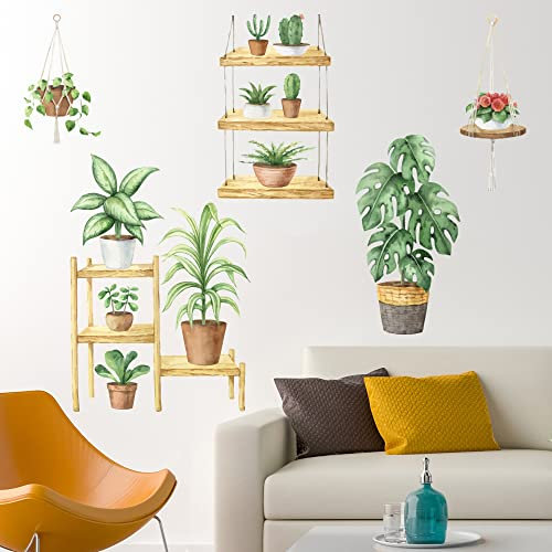 Plant Wall Sticker - Set of Watercolour Plants on Shelves and Hanging Wall Decals Nature Wall Art (120cm Width x 85cm Height)