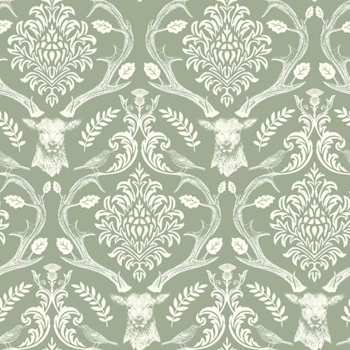 SOPHIE LAURENCE Stag Damask Sage Green Wallpaper - Flowers Birds Floral Wallpaper for Feature Wall Living Room Bedroom - Paste The Paper, 923706