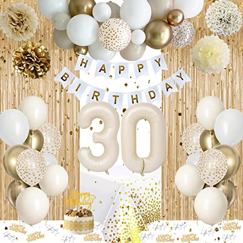 30 Geburtstag Dekoration Frauen Mann, 30 Weiß Gold Party Deko, 30 Luftballons Geburtstag Dekoration, Deko 30 Geburtstag Frau, Happy Birthday Girlande, Pompoms für Frau Mann 30. Geburtstag Dekorationen