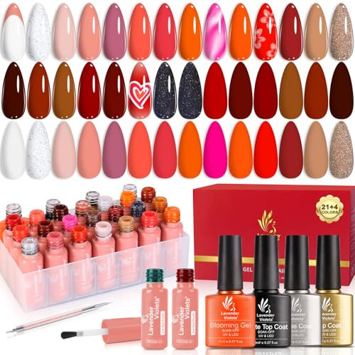 Lavender Violets 25 Pcs UV Gel Nail Polish Brilliant Red Earth color With Starter kit Blooming Gel,Base Coat,Glossy n Matte Top Coat Dotting Drawing Nail Brush Soak Off Manicure C402