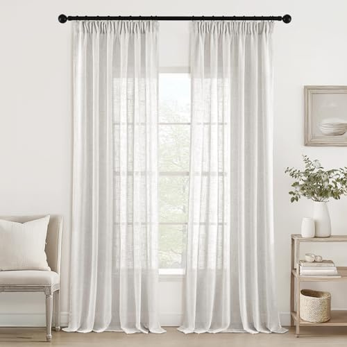MIULEE Gardinen mit Kräuselband Leinen Vorhang 2er Set Weiß 225x140 cm | Halbtransparent Leinenoptik Schiebevorhang, Modern Voile Vorhänge für Wohnzimmer Schlafzimmer