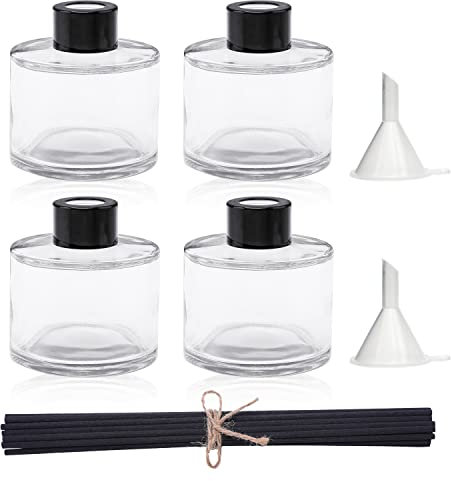Agidea 4PCS Fragrance Glass Diffuser Bottles, Refillable Diffuser Bottles with 20pcs Reeds Sticks & Black Caps & Funnel, Diffuser Jars for Home Oil Fragrance Decoration Girl Women Gift (200ML)