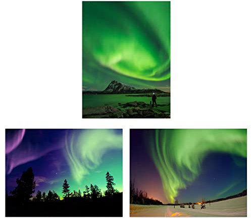 Artery8 Northern Lights Norway In Winter Set of 3 Unframed Wall Art Prints Living Room Bedroom Aesthetic Aurora Borealis A4