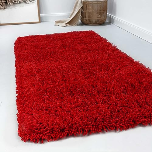 Wecon Home Esprit Hochflor Teppich modern, einfarbig, flauschig aus 100% Schurwolle für Wohnzimmer, Schlafzimmer und Kinderzimmer – Seattle Shag (90 x 160 cm, rot)