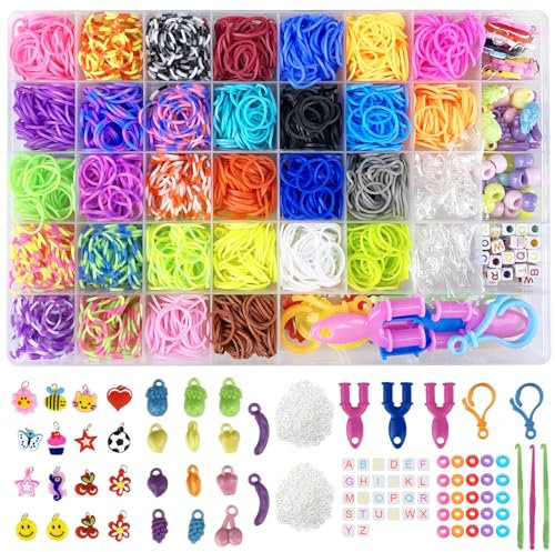 Elastici per Braccialetti,Jsdoin 2700+ Braccialetti Elastici Colorati Kit Kit 40 griglia creare braccialetti dell'amicizia, kit artigianal 30 colori elastici per telaio con clip, ciondoli