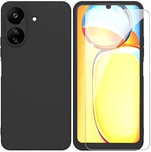 ARRYNN Funda Xiaomi Redmi 13C 4G (6,74) con Cristal Templado Protector de Pantalla,Negro Ultra Slim Protectora Funda de Silicona Líquida Suave Case Cover para Xiaomi Redmi 13C 4G - Negro