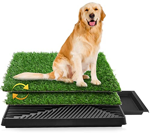 Inodoro para Perros, 63 x 50 cm, con Estructura de Tres Niveles y césped Artificial, Apto para Perros pequeños y Perros Mayores, Entrenamiento de Comportamiento, con 2pcs césped, Dobladillo Mejorado