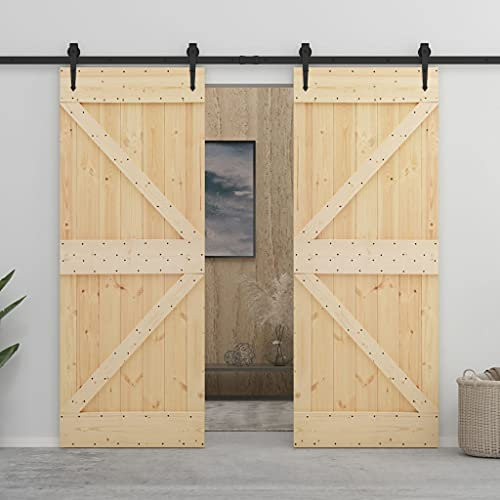 Baziroo Schiebetür mit Beschlag Schwarz 90x210x3,6 cm Massives Kiefernholz und Stahl Schiebetor Wood Door Scheunentor Holztüren Zimmertür Wohnzimmertuer Schiebetüren Innen Schwebetüren