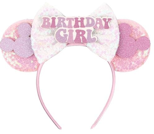 RAZKO Minnie Ears Headband, Black Castle Ears Headband Mouse ears Headband for Women Girls Hair Accessories(Birthday Girl-Pink M)