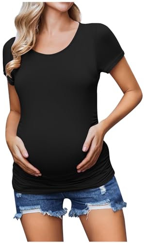 NUSGEAR T-Shirt Femme Enceinte Manches Courtes Col Rond Maternité à Blouse Vêtements de Maternité Femme T-Shirt Grossesse BéBé Noir Uni M
