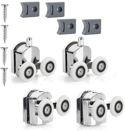 Voarge Rodamientos curvados para mampara de ducha con doble puerta corredera, accesorios para mampara de ducha de recambio y fijación, 2 ruedas superiores + 2 ruedas plateadas, 25 mm