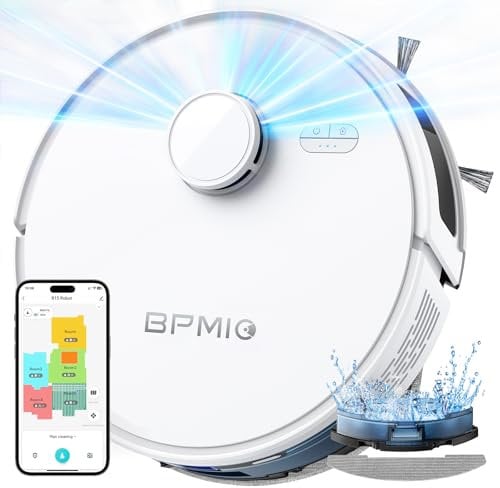 BPMIO Robot Aspirapolvere Lavapavimenti con Mappatura 5000Pa a 5 Piani, Robot Lavapavimenti e Aspirapolvere Laser 360°, Robot Vacuum Mop 3 in 1 per Pavimento e Peli Animali(B15W)