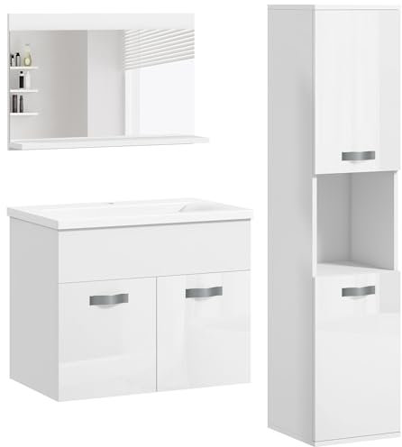 kleankin Muebles de Baño con Lavabo y Espejo Columna de Baño Conjunto de Muebles de Baño de Pared de 3 Piezas Estilo Moderno Blanco
