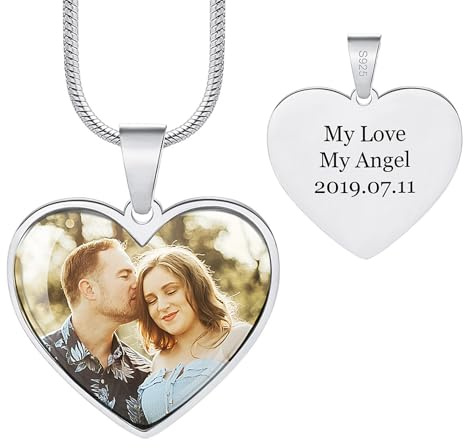 INBLUE Personalisierte Foto Gedenk Halskette für Frauen Gravur Foto/Text 925 Sterling Silber Halskette Rechteck/Herz Erinnerung Halsketten mit Bild Innen für Verlust Geliebten