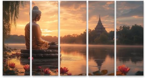 islandburner Bild auf Leinwand Buddha am See bei Sonnenuntergang ruhige Lotusblüten im Vordergrund Bilder Wandbilder Poster