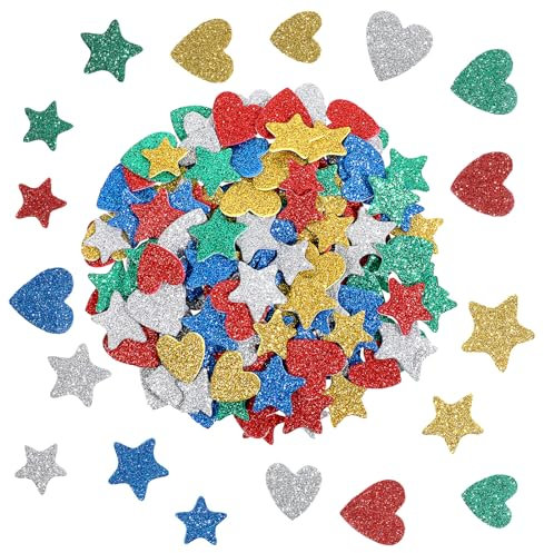 Teaaha 300 Stück Glitzernde Schaumstoff Aufkleber, Bunte Sterne Herz Sticker Kinder Moosgummi Glitzer Basteln Selbstklebende Sterne Herz Glitzer Sticker DIY Filz Aufkleber für Party Dekoration