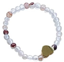 ZENGSING Elastischer Naturstein Ring Echter Naturstein Ring mit Herz-Anhänger Naturstein Stretch Ring Perlen Ringe Damen Elastisch Naturstein Perlen Ring Damen (Rot Phantom Quarz)