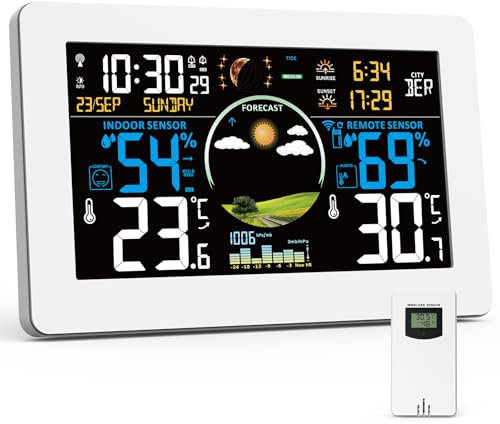Stazione Meteo con Sensore Esterno Interno, Stazione Meteorologica Display a Colori con Temperatura, Umidità, Tempo Data, Barometrico, Sveglia, Previsioni del Tempo, Retroilluminazione Regolabile
