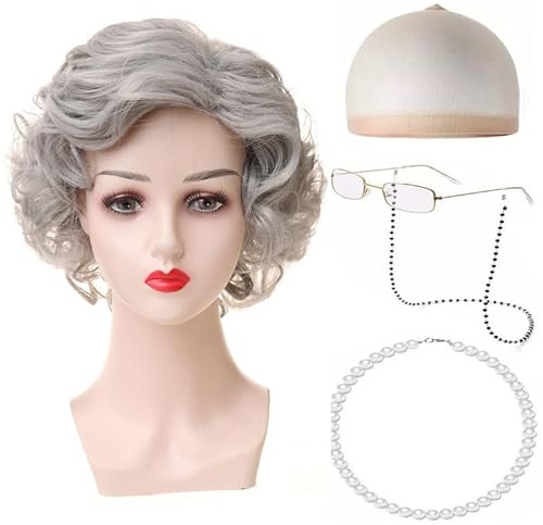 SDXCJY 5-teiliges Verkleidungsset für ältere Damen, inklusive kurzer lockiger grauer Perücke, Haarnetz, künstlicher Perlenkette, Brillenkette und Brille, ideal für Cosplay-Partys. (Grau)