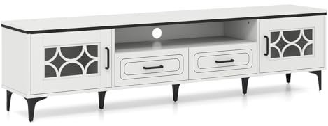 GIANTEX Meuble TV pour télévision jusqu'à 80, support TV avec compartiments ouverts, armoires latérales et tiroirs, 180,5 x 35 x 46 cm, portes avec panneau PVC, pour salon, chambre (blanc)