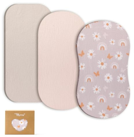 TILLYOU Musselin Spannbettlaken 3er Set Spannbettlaken Kinderwagen 100% Baumwolle Spannbettlaken Beistellbett 40x80 cm, Rosa Schmetterling