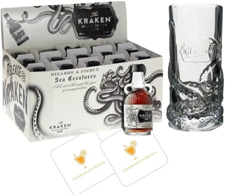 Kraken Dark Rum Miniature 5cl 12 Pack + Branded Tentacle Themed Highball Collectors Tumbler + Celebration Spirits Beer Mats x2