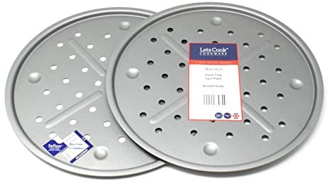 Lets Cook Cookware - Set of Two - 13 Inch (33.5cm) Large Round Pizza Oven Crisper Trays with Aeration Holes, Ribs and Dimples, Teflon Non Stick, Made in Britain