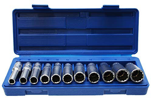 Lange 12-KANT/Zwölfkant Vielzahn (Doppel-Sechskant/Doppel-6-kant) Steckschlüsseleinsätze Schraubenschlüssel Stecknuss 3/8 8-19 mm - Chrom-Vanadium-Stahl - 11-tlg. Inkl. robuste Kunststoffbox