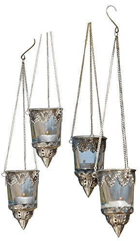 Loberon Windlichter 4er Set Céleste, für drinnen & draußen, handgefertigt, orientalischer Stil, zum Aufhängen, für Teelichter, Dekoration, Glas, Eisen, klar/Silber