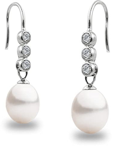 Damen Perlen-Ohrringe Süßwasser Zuchtperlen Mit Zirkonia Weiß Tropfenperle 7-8 mm SECRET & YOU - Perlenohrringe Sterling Silber 925