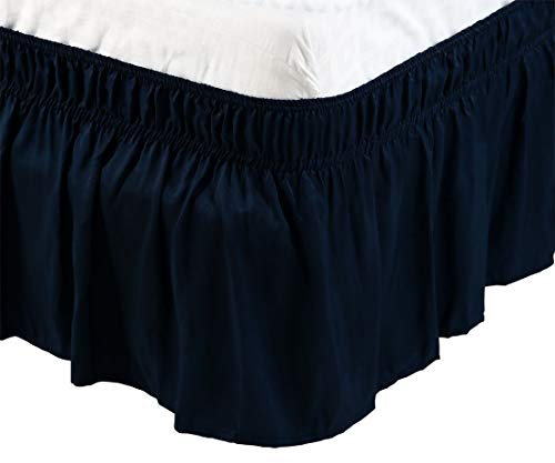 sourcing map Cache Sommier Jupe de Lit en Polyester Brossé Enroulé Autour de Trois Côtés en Tissu Volant Anti-poussière élastique 38cm de Chute Bleu Marin 200x203cm