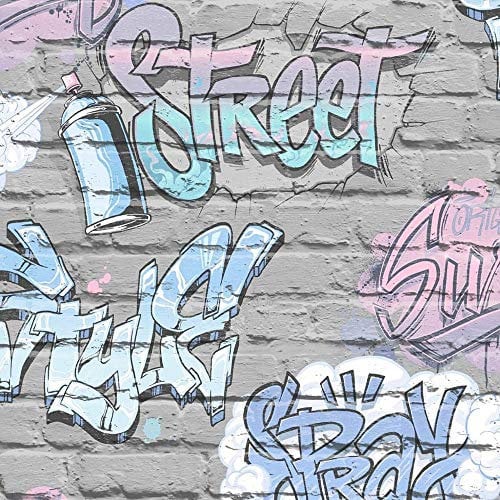 Children's Graffiti Brick Wallpaper Metallic Pink Blue Grey Lilac Urban Ugepa from YöL