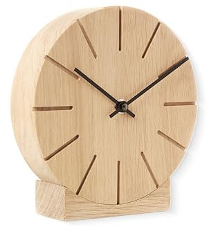 Natuhr Wanduhr Tischuhr Eiche Holz - Boom - geräuscharm Massivholz Design ø17 cm (Eiche unbehandelt Schwarze Zeiger, Quarzuhrwerk)