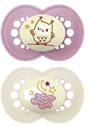 MAM Original Night Succhietto 6+ Mesi (Set da 2), Ciuccio MAM 6-16 mesi che si illumina al buio con tettarella in silicone, Kit da 2 accessori neonato con porta ciuccio sterilizzatore, Lilla/Crema