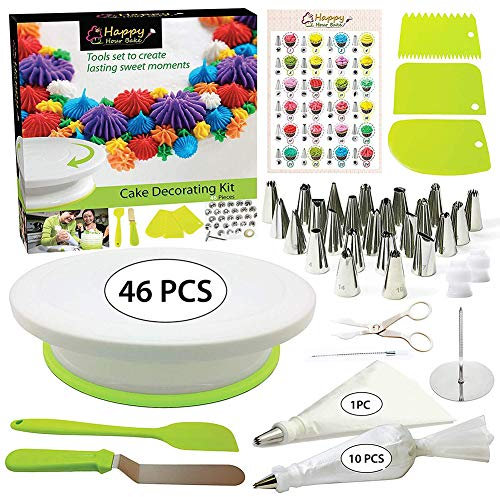 LTLCLZ Cake Decorating Supplies 46 PCS,Baking Pastry Tools with Rotating Turntable Stand Includes Icing Tips with Pattern Chart And Nozzles Piping Bag, Piping Tip Coupler, Scrappers, Flower Nail
