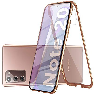 Kompatibel Hülle Samsung Galaxy Note 20 5G Magnetische Adsorption Handyhülle Metallrahmen Transparent Vorne und Hinten Gehärtetem Glas Schutzhülle 360 Grad Stoßfest Cover Case - Gold