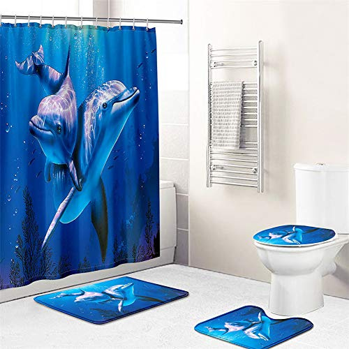 EnHome Badteppich Duschvorhang 4 Teilig, 3D Drucken Badvorleger Badezimmermatten Set mit Badematte, WC-Deckelbezug, rutschfeste Sockelteppich und Duschvorhang (50x80cm,Grauer Delphin)