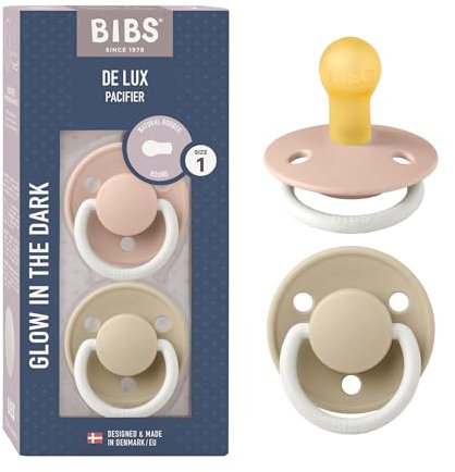 Tétine BIBS De Lux. Lot de 2 sucettes. Sans bisphénol A, Téterelle ronde. Latex de caoutchouc naturel, Taille 1 (0-6 mois), Blush NIGHT/Vanilla NIGHT