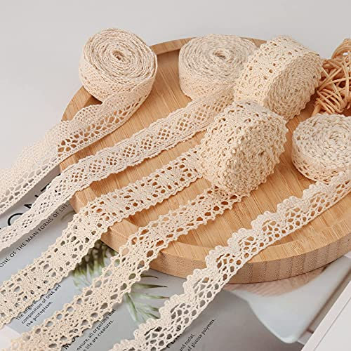 HERZWILD spitzenband Baumwolle 30M beige Spitzenborte Vintage Zierspitze Häkelspitze Dekoband Zierband Spitzenstoff für Nähen Handwerk Hochzeit Deko
