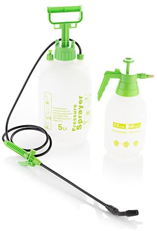 Alfresia Garden Pressure Sprayer Two Set - 2L with Safety Valve and 5L with Lance Wand, Hose Pipe Alternative for Eco Watering, Hose Pipe Ban Friendly, Weed Sprayer Pump, Garden Spray Bottles